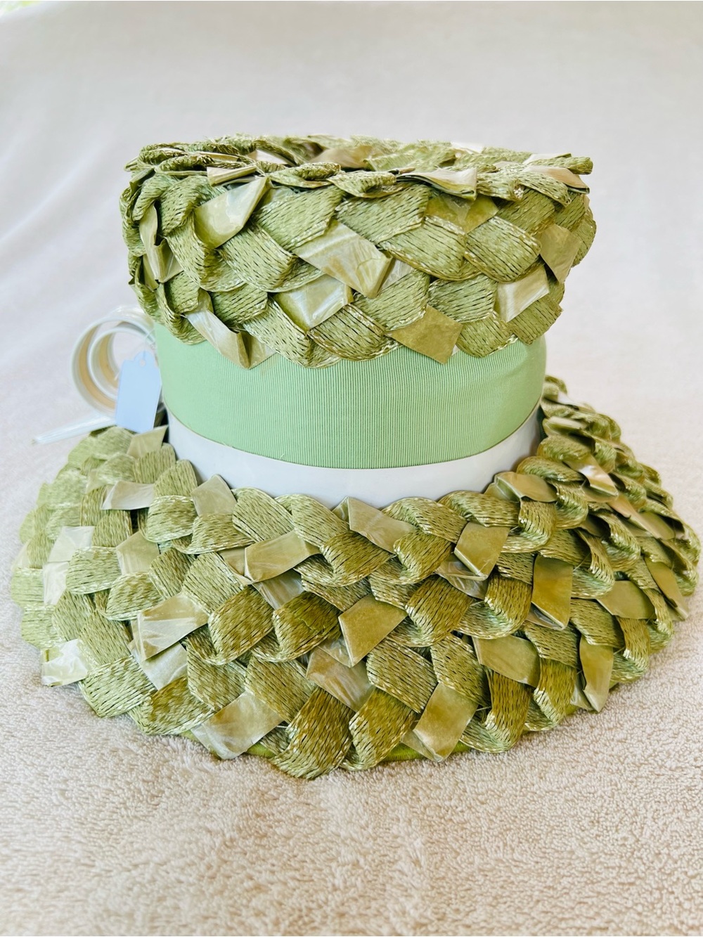 Vintage 1950s Sage Green Woven Straw Hat Textured Ribbon Detail Mid-Century Chic